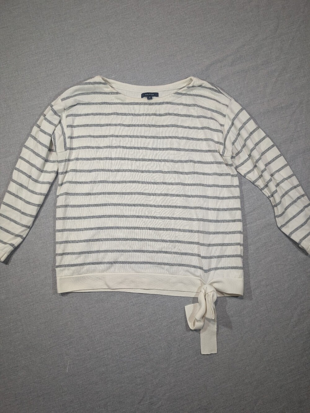 Nautica white and gray striped tie hem top size M
